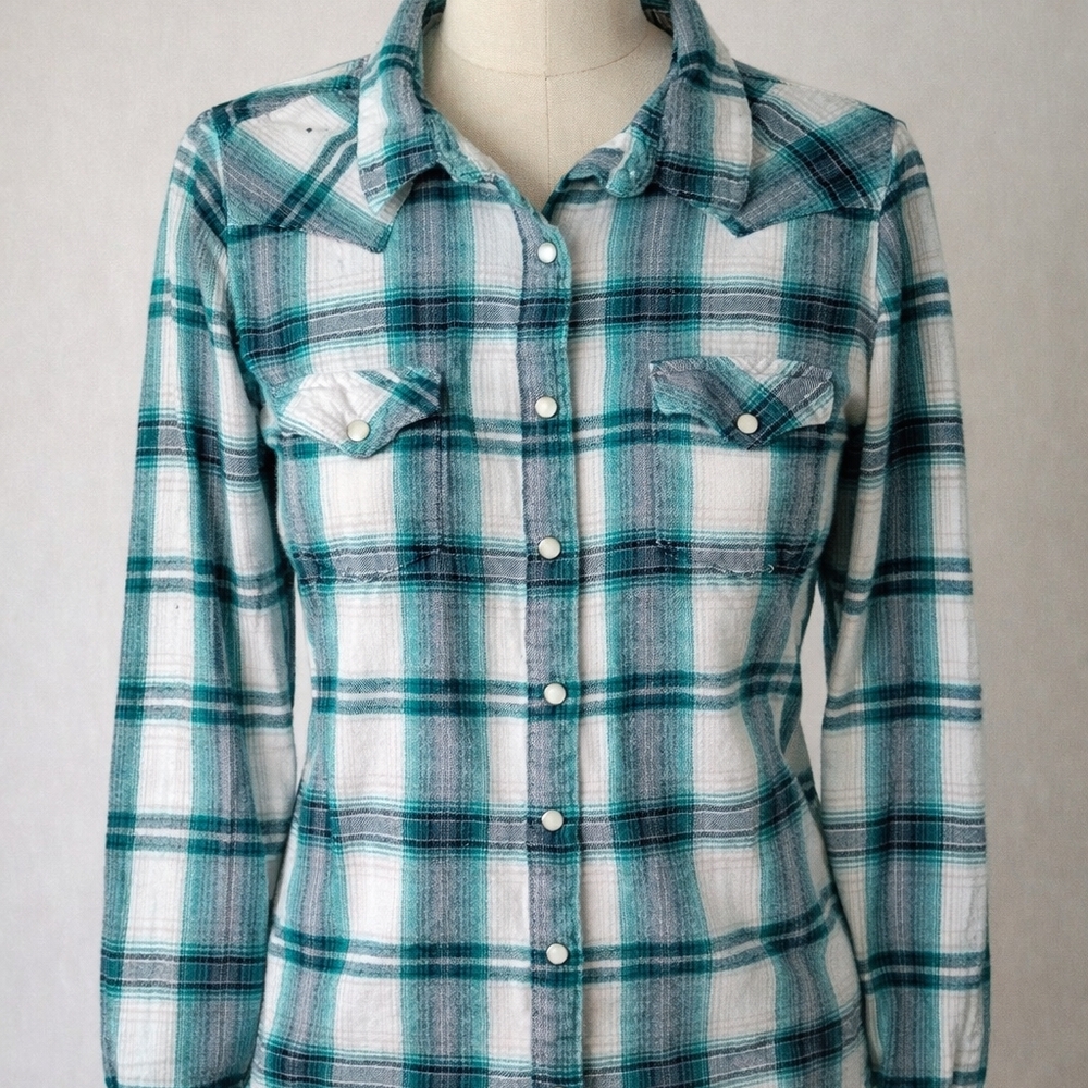 Wrangler Western Pearl Snap Plaid Shirt Women's XL 100% Cotton Ranch Cowgirl - Picture 2 of 7